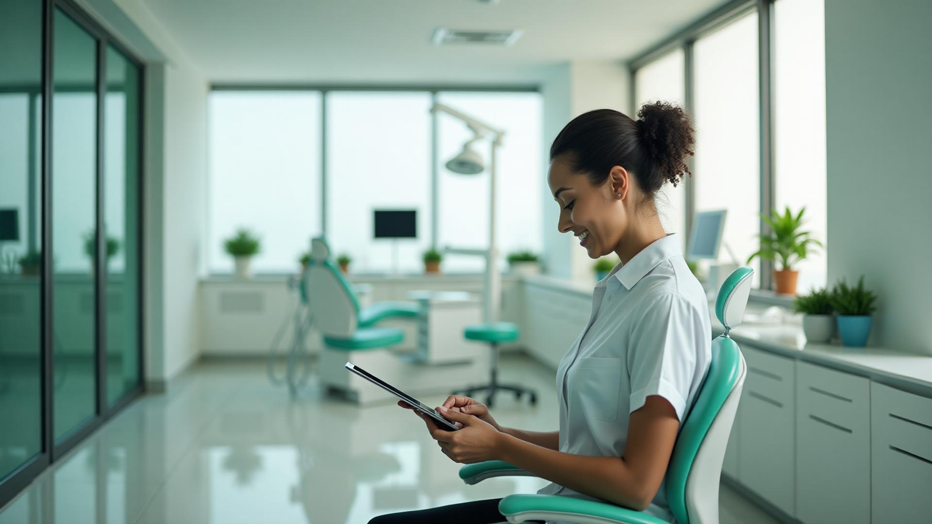 Dentista profissional utilizando o sistema Finident em clínica moderna